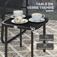 Outsunny Ensemble bistrot de jardin 3 pièces avec 2 chaises en maille et table basse en verre trempé, noir(m-7)