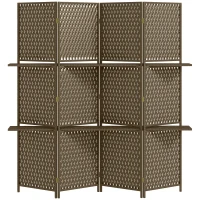 HOMCOM 4-Panel Room Dividers with Shelves, Wave Fibre Freestanding Folding Privacy Screen Panels, Partition Wall Divider for Indoor Bedroom Office, 180 cm, Brown(m-1)