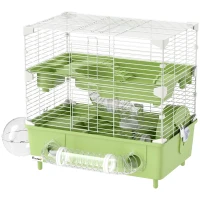 PawHut Cușcă pentru Hamsteri cu 2 Nivele și 3 Uși cu Roată și Tuburi, din Oțel, PS și PP, 44.5x28x44 cm, Verde și Alb(m-10)