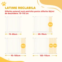 PawHut Poartă de Siguranță pentru Câini din Oțel și ABS, Poartă Extensibilă pentru Câini pentru Scări și Uși, 75-115 cm, Alb(m-4)