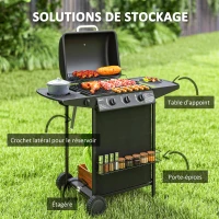 Outsunny Barbecue gaz 3+1 brûleurs en acier, puissance 9,5 kW, barbecue de jardin table latérale, 108 x 54 x 97 cm, noir(m-6)