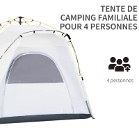 Outsunny Tente de camping, tente pop up dôme familiale 4 personnes, avec 4 portes 4 fenêtres sac de transport inclus pour le camping randonnée blanc gris(m-4)