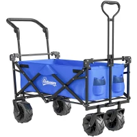 Outsunny Folding Trolley Cart Storage Wagon Beach Trailer 4 Wheels with Handle Overhead Canopy Cart Push Pull for Camping, Blue(m-1)
