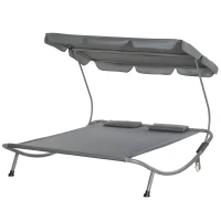 Outsunny Patio Double Hammock Sun Lounger Bed with Canopy Shelter, Wheels, and 2 Pillows, Grey(m-12)