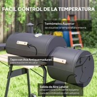Outsunny Barbacoa de Carbón 3 en 1 Ahumador Parilla de Carbón Barbacoa de BBQ 124x53x104 cm con Termómetro y Ruedas Estantes(m-6)