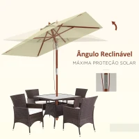 Outsunny Chapéu de Sol de Jardim 200x150x235cm Chapéu de Sol Inclinável com Polia Duplo Teto e Mastro Desmontável de Madeira Bege(m-4)