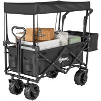Outsunny Folding Trolley Cart Storage Wagon Beach Trailer 4 Wheels with Handle Overhead Canopy Cart Push Pull for Camping, Black(m-11)