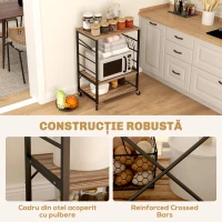 HOMCOM Raft de Bucătărie cu 3 Nivele, Roți și 4 Cârlige, 60x40x84 cm, Lemn Natural(m-7)