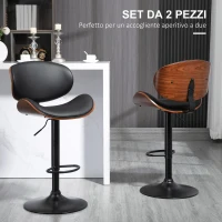 HOMCOM Set 2 Sgabelli da Bar con Schienale Regolabili in Altezza, Legno e Finta Pelle, 53x52x92-112 cm, Nero(m-4)