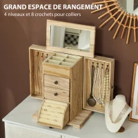 HOMCOM Boîte à bijoux femme à 4 niveaux, coffre à bijoux avec ailes, miroir et 2 tiroirs, 26,5 x 16 x 33,5 cm, marron(m-4)