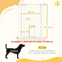 PawHut Barrera de Seguridad para Perros Barrera para Mascotas Extensible con Puerta Pequeño Cierre Automático y Sistema de Doble Bloqueo para Puerta Pasillo Escalera 74-80x91,4 cm Blanco(m-3)