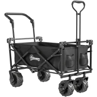 Outsunny Folding Trolley Cart Storage Wagon Beach Trailer 4 Wheels with Handle Overhead Canopy Cart Push Pull for Camping, Black(m-1)