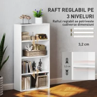HOMCOM Bibliotecă cu 4 Rafturi și 2 Rafturi Flexibile, din Lemn, 60x24x115.5 cm, Alb(m-5)