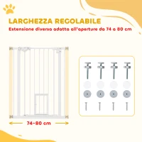 PawHut Cancelletto per Cani con Porta Piccola, Montaggio a Pressione e Chiusura Automatica, 74-80x91.4cm, Bianco(m-4)