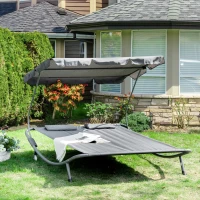 Outsunny Patio Double Hammock Sun Lounger Bed with Canopy Shelter, Wheels, and 2 Pillows, Grey(m-11)