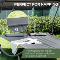 Outsunny Patio Double Hammock Sun Lounger Bed with Canopy Shelter, Wheels, and 2 Pillows, Grey(m-5)