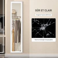 HOMCOM Grand miroir pleine longueur, miroir mural ou sur pied rectangulaire, 40 x 160 cm avec éclairage LED 3 couleurs, blanc(m-8)