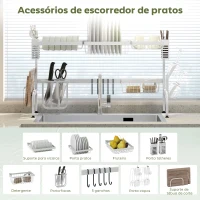HOMCOM Escorredor de Louça de Aço de 2 Níveis com Prateleira para Pratos Suporte para Facas e Talheres 100x30x54,5 cm Branco(m-5)