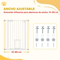 PawHut Barrera de Seguridad para Perros Barrera para Mascotas Extensible con Puerta Pequeño Cierre Automático y Sistema de Doble Bloqueo para Puerta Pasillo Escalera 74-80x91,4 cm Blanco(m-4)