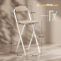 HOMCOM Lot de 2 tabourets de bar pliables avec dossier et repose-pieds, cadre en acier, 87 cm de haut, effet bois naturel(m-3)