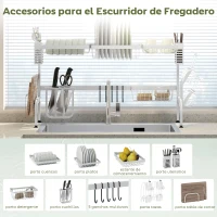 HOMCOM Escurreplatos de Acero de 2 Niveles para Fregadero con Soporte de Tabla de Corte y Cubiertos 100x30x54,5cm Blanco(m-5)