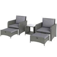 Outsunny Five Piece Rattan Garden Furniture Set with 2-Tier Coffee Table and Ottomans - Grey(m-11)