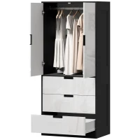 HOMCOM 2 Door Wardrobe, Modern Wardrobe with 3 Drawers and Hanging Rod for Bedroom, High Gloss White(m-11)