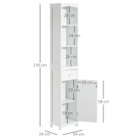 HOMCOM Armário de coluna multiuso branco para banheiro com prateleiras 34x24x170cm 3 prateleiras 1 porta e 1 gaveta(m-3)