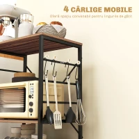 HOMCOM Raft de Bucătărie cu 3 Nivele, Roți și 4 Cârlige, 60x40x84 cm, Lemn Natural(m-5)