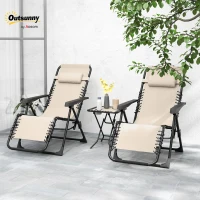 Outsunny Folding Zero Gravity Chairs, 3 Pieces Adjustable Sun Lounger and Table Set with Cup Holder and Headrest, Patio Bistro Set with Reclining Garden Chairs for Outdoor, Beige(m-10)