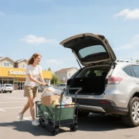 Outsunny Folding Trolley Cart Storage Wagon Beach Trailer 4 Wheels with Handle Overhead Canopy Cart Push Pull for Camping, Green(m-8)