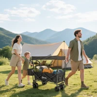 Outsunny Folding Trolley Cart Storage Wagon Beach Trailer 4 Wheels with Handle Overhead Canopy Cart Push Pull for Camping, Black(m-2)