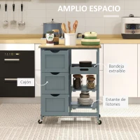 HOMCOM Carrito Auxiliar con Ruedas Carrito de Cocina con 3 Cajones 2 Estantes Abiertos y Bandeja Extraíble 67x37x85,5 cm Gris(m-4)