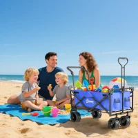 Outsunny Folding Trolley Cart Storage Wagon Beach Trailer 4 Wheels with Handle Overhead Canopy Cart Push Pull for Camping, Blue(m-9)
