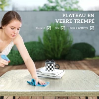 Outsunny Salon de jardin extérieur en résine tressée 5 places, table en verre trempé et coussins inclus, bois naturel(m-7)