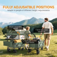 Outsunny Folding Trolley Cart Storage Wagon Beach Trailer 4 Wheels with Handle Overhead Canopy Cart Push Pull for Camping, Green(m-5)
