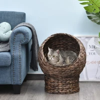 PawHut Waterhyacint kattenmand met kussen, kattenbed, huisdierbed, 50 cm x 42 cm x 60 cm, bruin+beige(m-11)