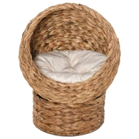 PawHut Rattan Katzenkorb Katzenhöhle Katzenhütte Katzenbett mit Kissen Haustierbett Wasserhyazinthe Braun 50 x 42 x 60 cm(m-10)