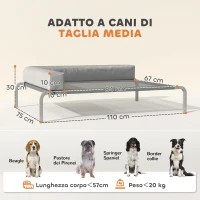 PawHut Lettino per Cani Rialzato di 20 cm con Cuscino a L, in Poliestere e Acciaio, 110x75x30 cm, Grigio e Argento(m-3)