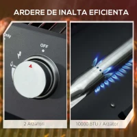 Outsunny gratar pe gaz cu 2 arzatoare pentru exterior, portabil pliabil, gratar cu capac, termometru, otel carbon, Negru(m-4)
