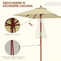Outsunny Umbrelă de Grădină Înclinabilă cu Sistem cu Șnur și Orificiu de Ventilație, 200x150x235 cm, Bej(m-6)