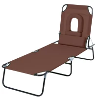 Outsunny Outdoor Foldable Sun Lounger, 4 Level Adjustable Backrest Reclining Sun Lounger Chair with Pillow and Reading Hole, Brown(m-15)
