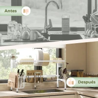 HOMCOM Escurreplatos de Acero de 2 Niveles para Fregadero con Soporte de Tabla de Corte y Cubiertos 100x30x54,5cm Blanco(m-7)