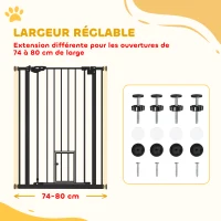 PawHut Barrière de sécurité animaux de 104H cm avec porte fermeture automatique système de double verrouillage sans percage de 74 à 80 cm acier noir(m-4)