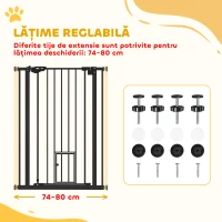 PawHut Poartă Reglabilă pentru Câini cu Ușă Mică și Montare prin Presiune, 74-80x104.1 cm, Negru(m-4)