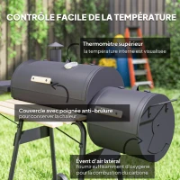 Outsunny Barbecue à Charbon fumoir BBQ Grill Smoker sur Pied avec Couvercle, roulettes, thermomètre, étagères Acier laminé à Froid Noir(m-6)