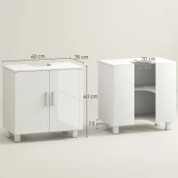 HOMCOM Mobilier Sub Chiuvetă pentru Baie cu 2 Uși, Raft Central, Mâner și Picioare Antiderapante, 60x35x60 cm, Alb Lucios(m-3)