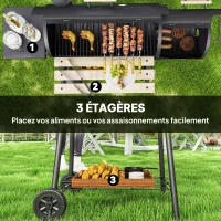 Outsunny Barbecue à Charbon fumoir BBQ Grill Smoker sur Pied avec Couvercle, roulettes, thermomètre, étagères Acier laminé à Froid Noir(m-7)