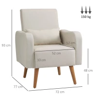 HOMCOM Accent Chair, Linen-Touch Armchair with Pillow, Upholstered Leisure Lounge Sofa for Living Room, Club Chair with Rubber Wooden Frame, Cream(m-3)