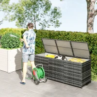 Outsunny Panca Contenitore Rialzata con Fodera Interna, in Acciaio e Rattan, 180x60x73 cm, Grigio e Crema(m-2)